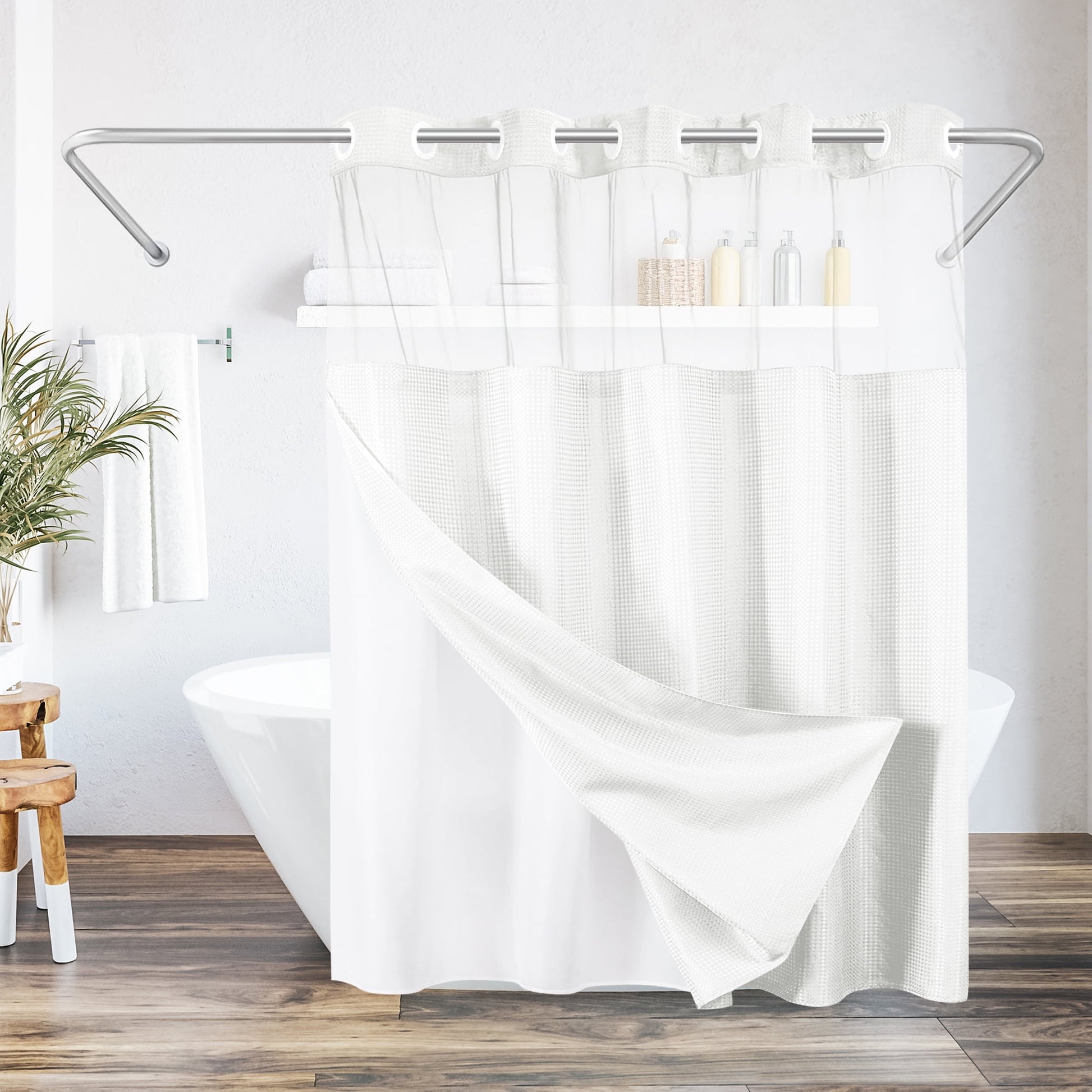 Americanflat 72x75 White Hookless Waffle Pattern Shower Curtain - Water-Resistant Long Shower Curtain with Sheer Panel, Snap-In Liner, and Grommets
