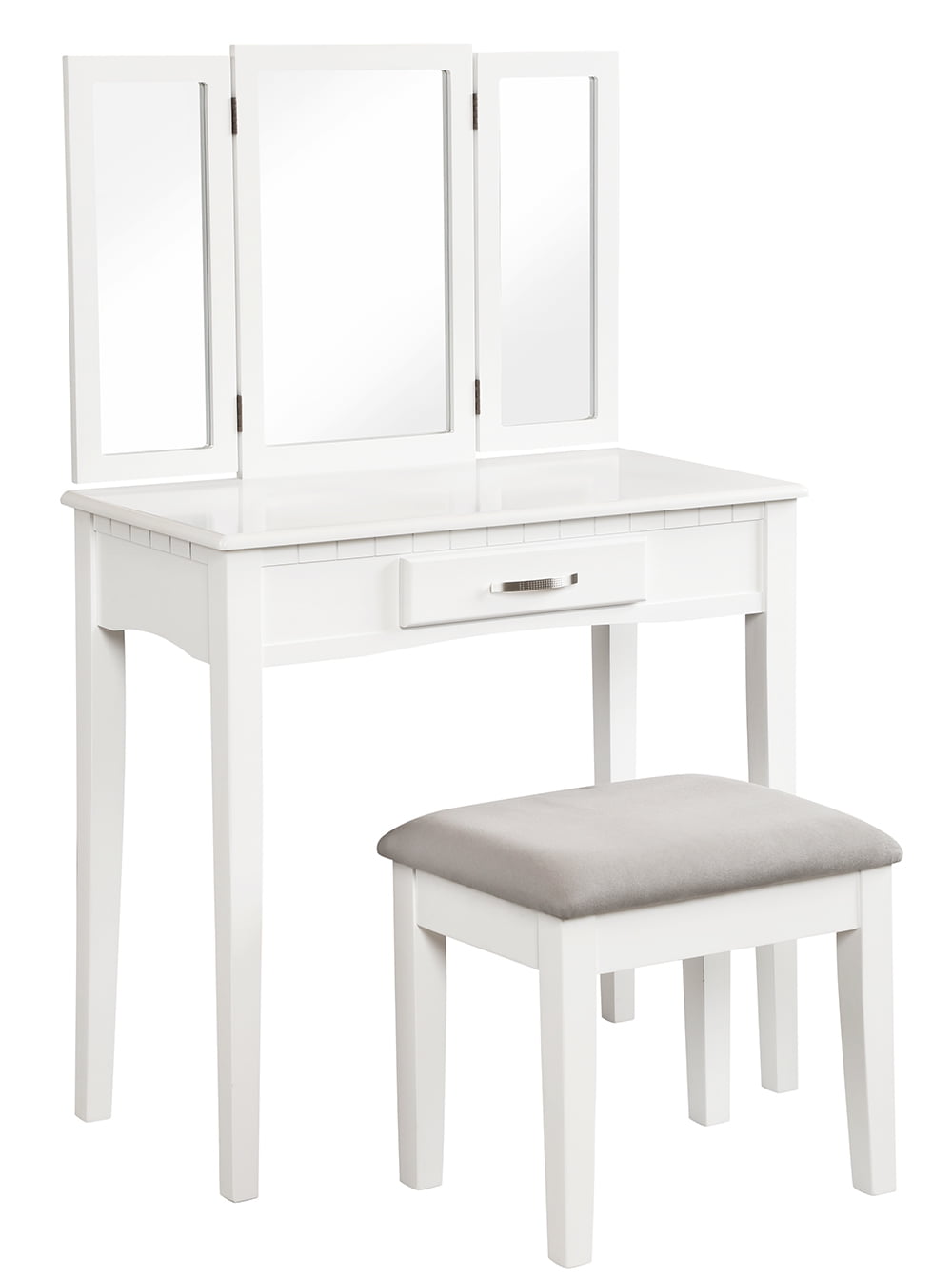 Angel Line Ella Vanity Table and Stool Set w/ Tri-Folding Mirror, White w/ Gray Cushion