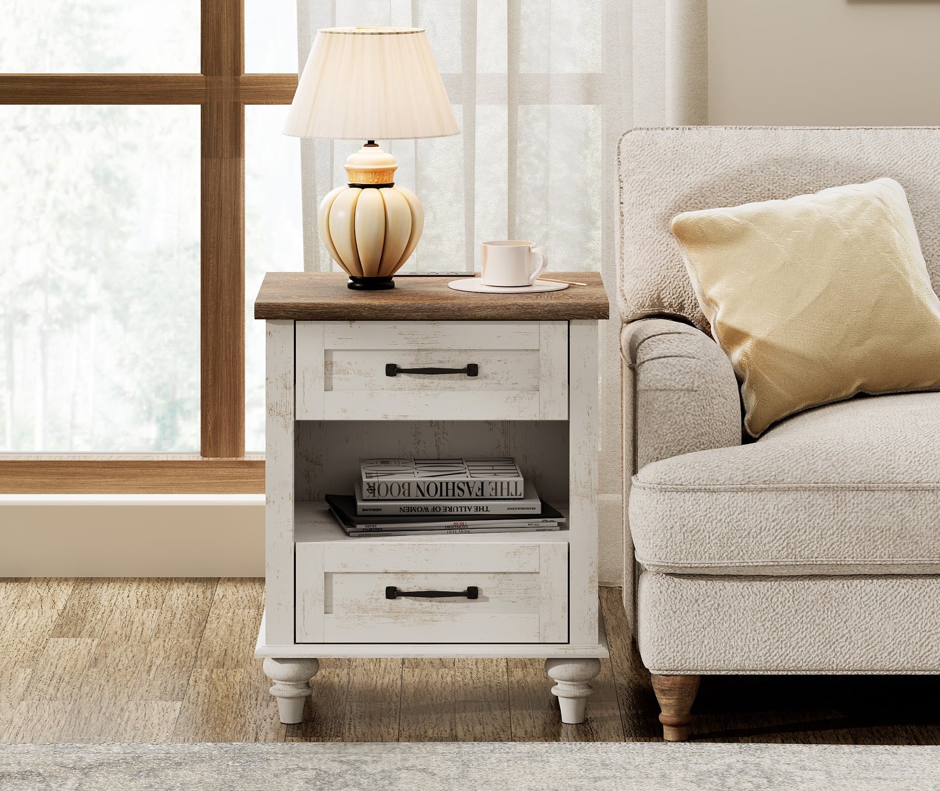 Antique White End Table with 2 Drawers & Open Shelf, Wooden Side Table Nightstand with Charging Station for Living Room & Bedroom