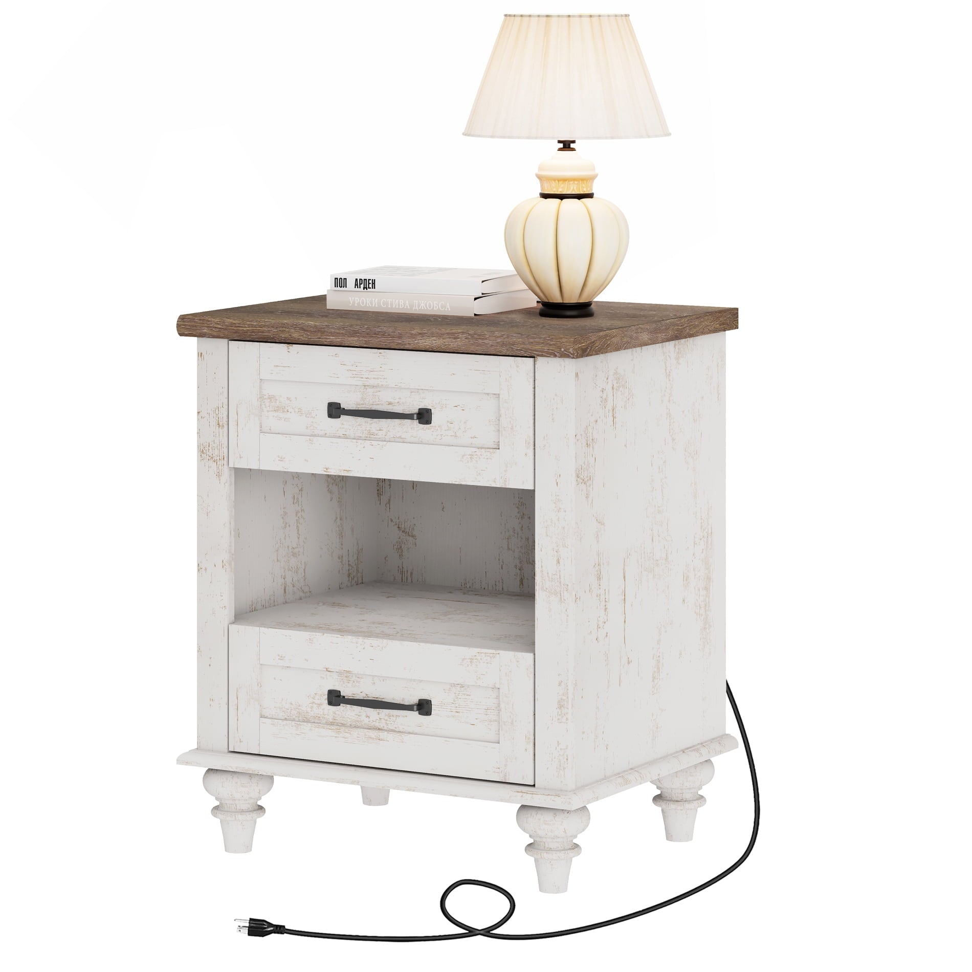 Mesa Auxiliar Blanca Antigua con 2 Cajones y Repisa Abierta, Mesa Final RÃºstica con EstaciÃ³n de Carga, Mesa de Noche de Madera para Dormitorio, Sala de Estar
