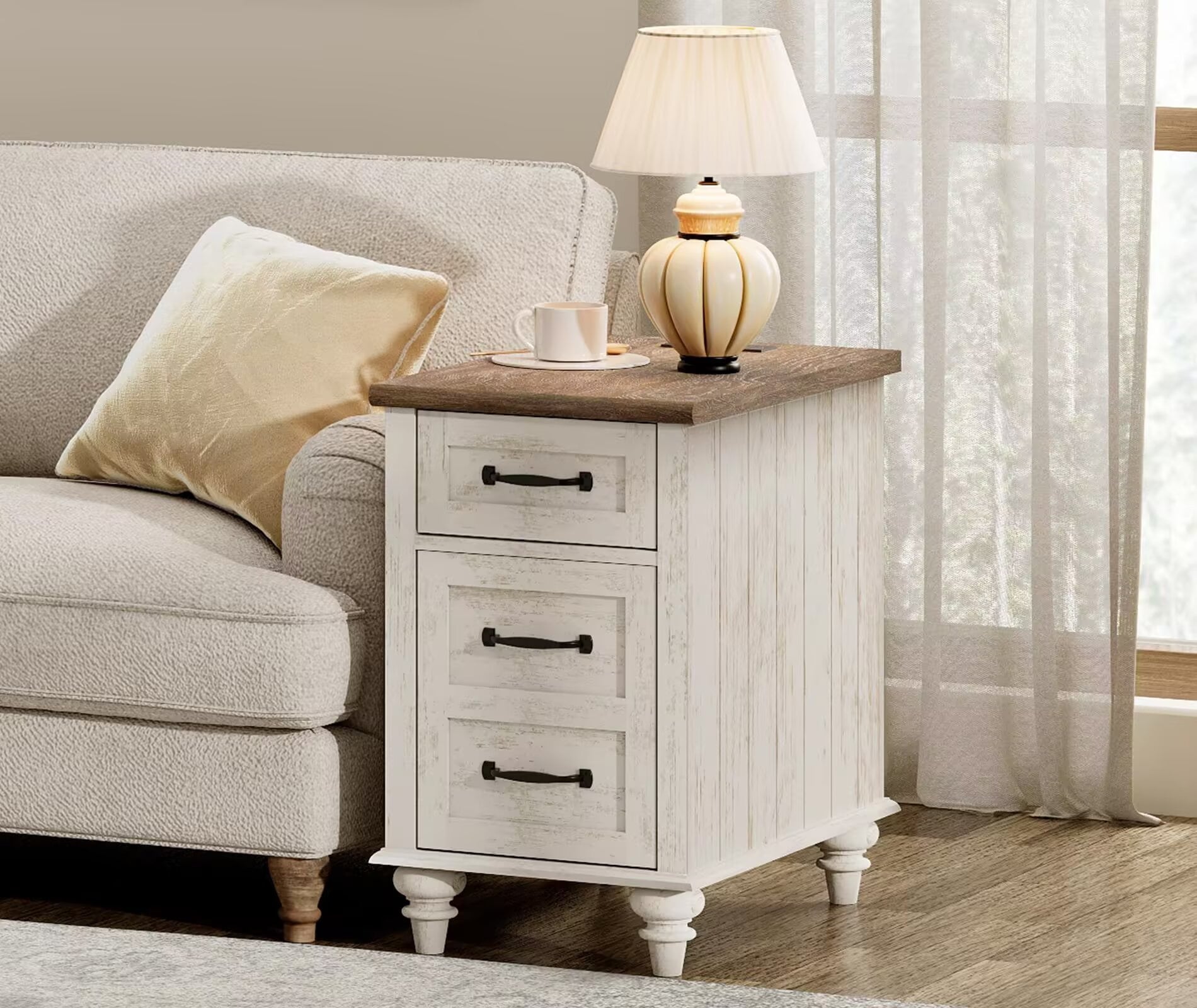 Antique White Side Table with Drawer & Cabinet, Elegant End Table with Charging Station, Wooden Nightstand for Bedroom, Living Room