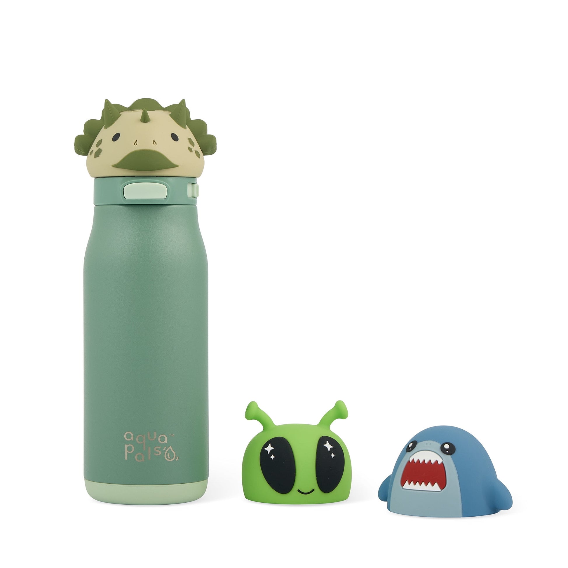 Aqua Pals 14oz Green Water Bottle with Interchangeable Dino, Alien & Shark Heads