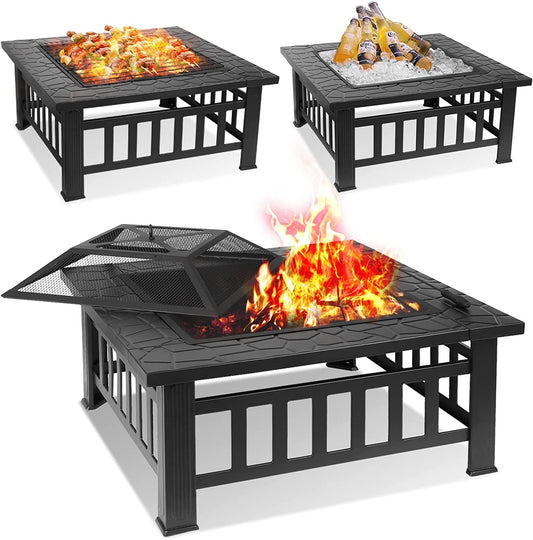 Arlopu Metal Fire Pits for Outside, 32" Wood Burning Fire Pit Table Square Fire Bowl for Patio Backyard Party BBQ Bonfire