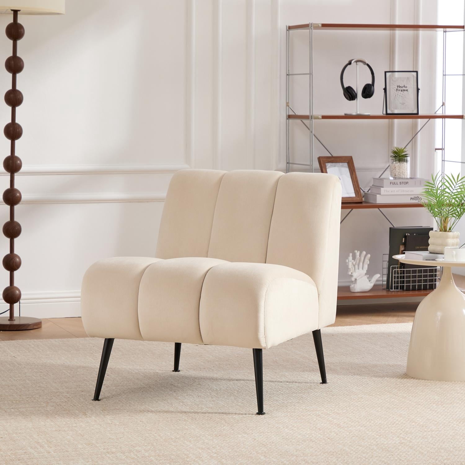 Armless Accent Chair, Upholstered Chair, Velvet Accent Chair with Black Metal Legs, Black for Living Room, Bedroom, Office