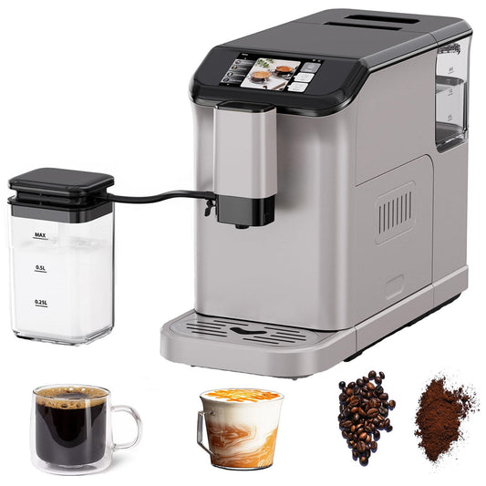 Ataucjin Espresso Machine with 1.5L Milk Tank, 20 Bar Professional Espresso Maker, Milk Frother Steam Wand, 1-15 Adjustable Grind Size Levels, Color Touch Display, Gift for Coffee Lover