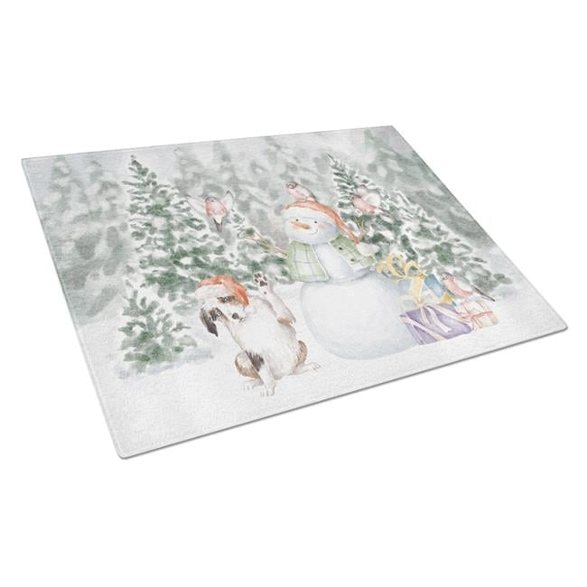 Atralian Shepherd Puppy Black White and Tan with Christmas Presents Glass Cutting Board Large 12 in x 15 in
