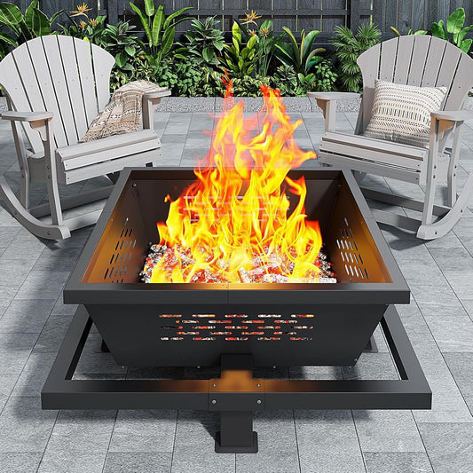 Auhilence large fire pit, 43" Square Outdoor Wood Burning Fire pit with Pocker, Hight Quality Outdoor Fire Pit for Camping, Backyard, Patio, Black
