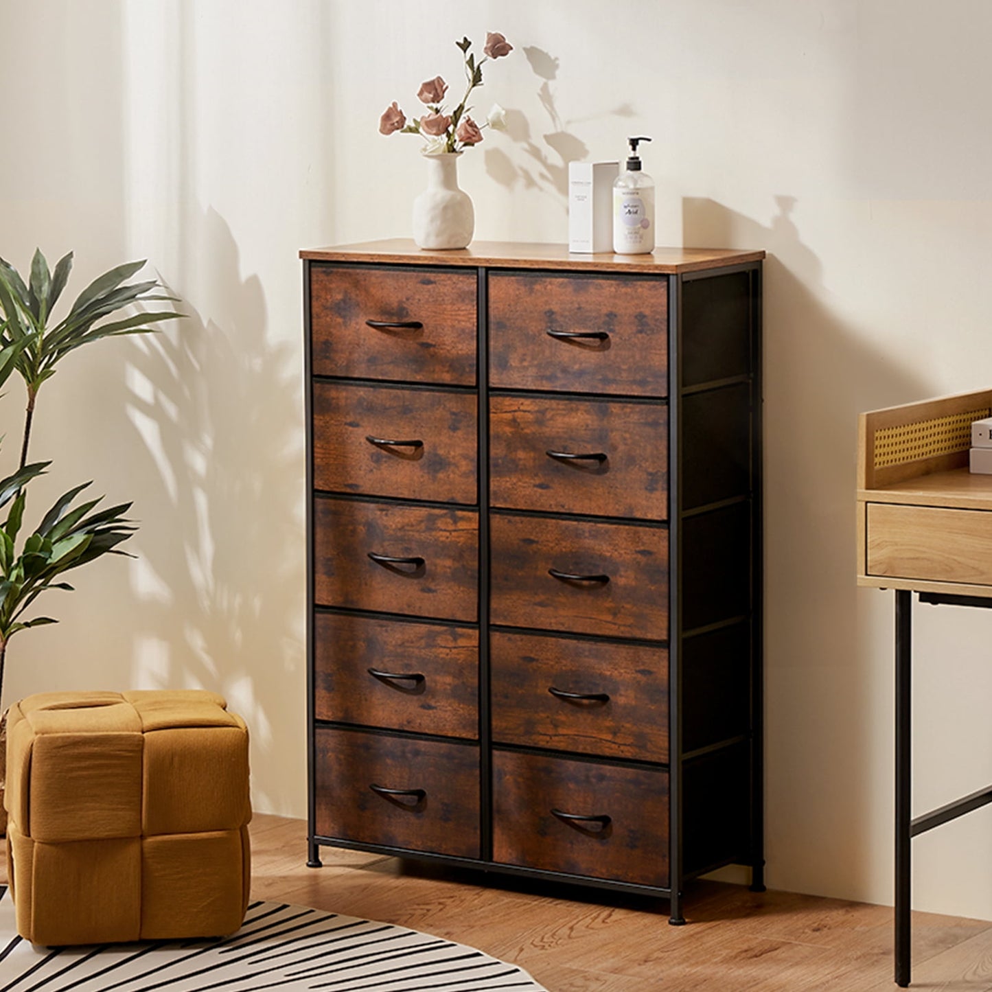 Aukfa 10 Drawer Dresser,Tall Fabric Dresser & Chest of Drawers for Bedroom,Metal Frame,Brown