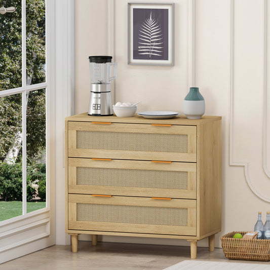 Aukfa 3 Drawer Dresser Nightstand with Rattan Storage Drawer for Bedroom Living Room, Oak