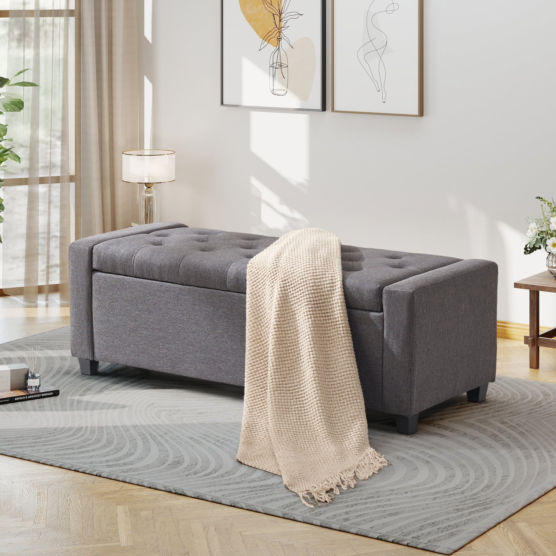 Aukfa 48" Storage Ottoman Bench,Faux Linen End of Bed Bench for Living Room, Bedroom, Entryway,Gray