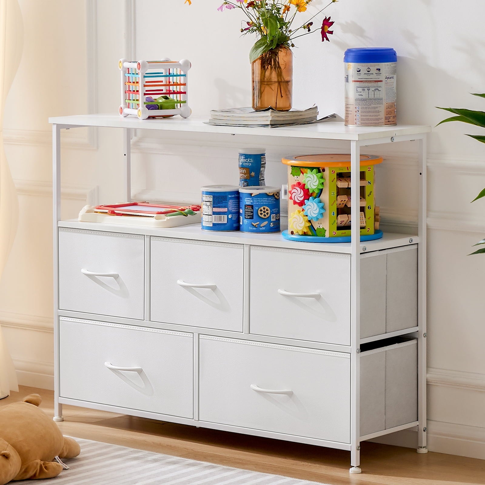 Aukfa CÃ³moda de 5 Cajones, Amplia CÃ³moda para Dormitorio con Estructura de Metal para TV, MarrÃ³n