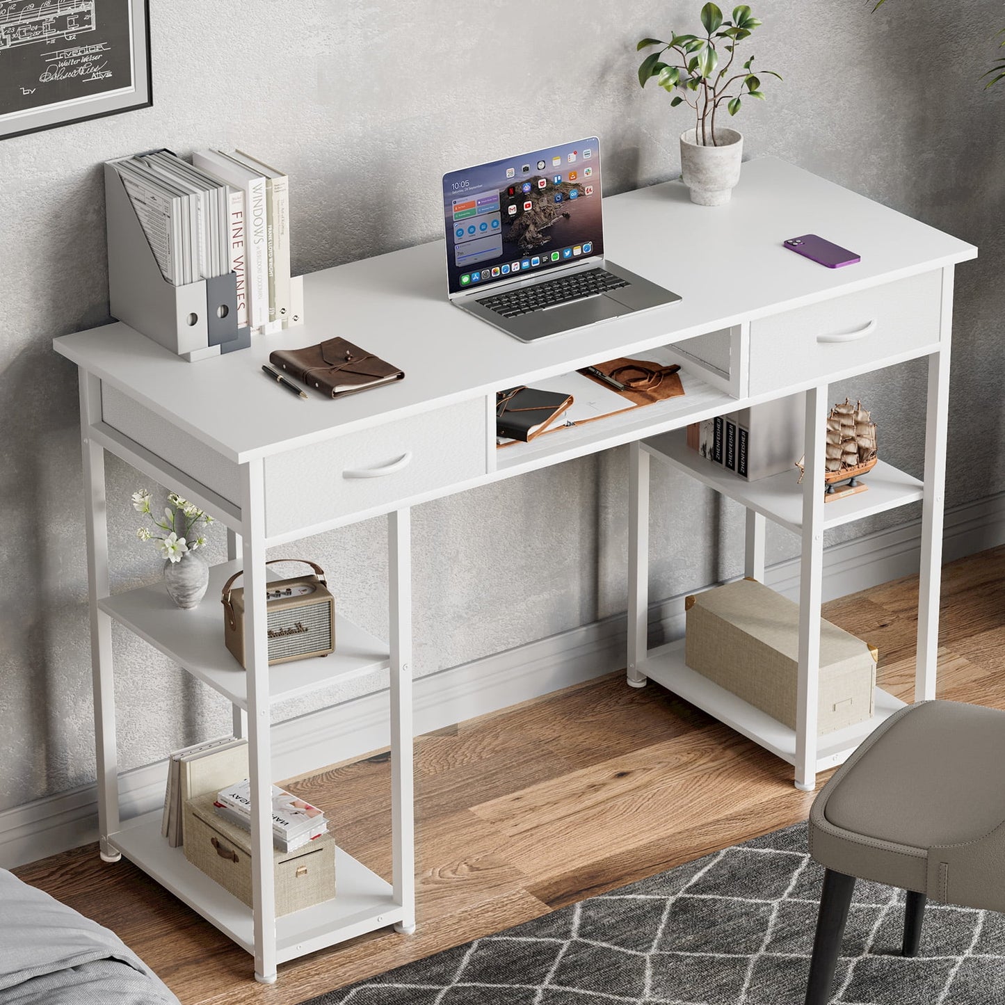 Aukfa Computer Desk with Storage Drawer, Wood Student Writing Desk for Small Space Home,White