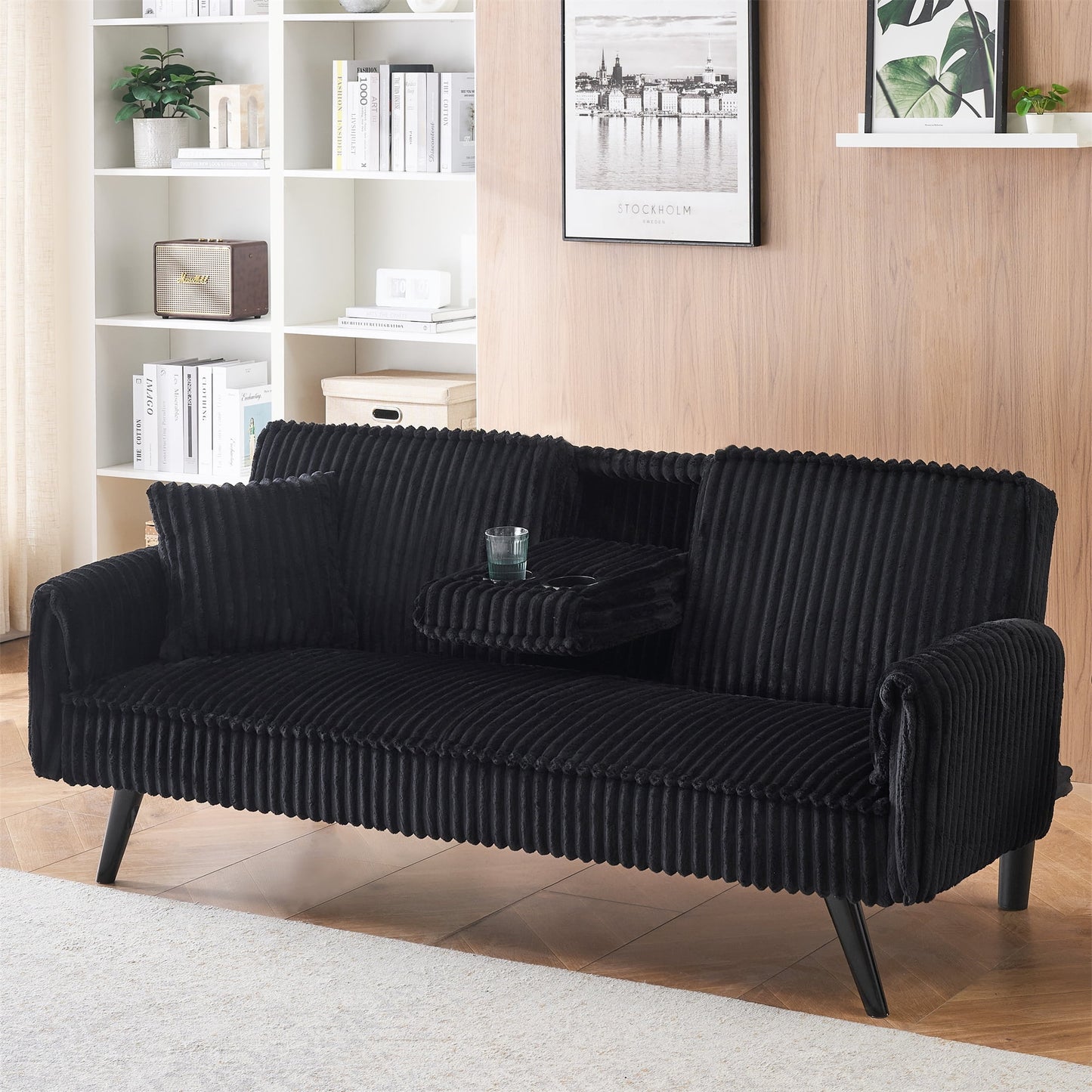 Aukfa 75" Square Arm Futon Convertible Sofa Bed for Home Office, 2 Cup Holders, Linen, Dark Gray