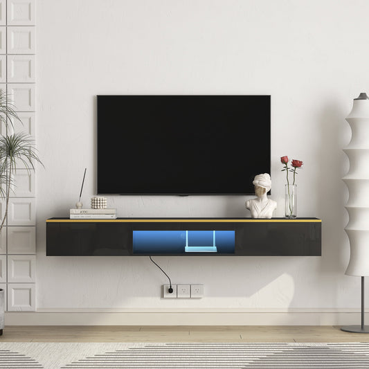 Aukfa Floating TV Stand Wall Mounted for TVs up to 75" with LED Light APP Control & Power Outlet,Black