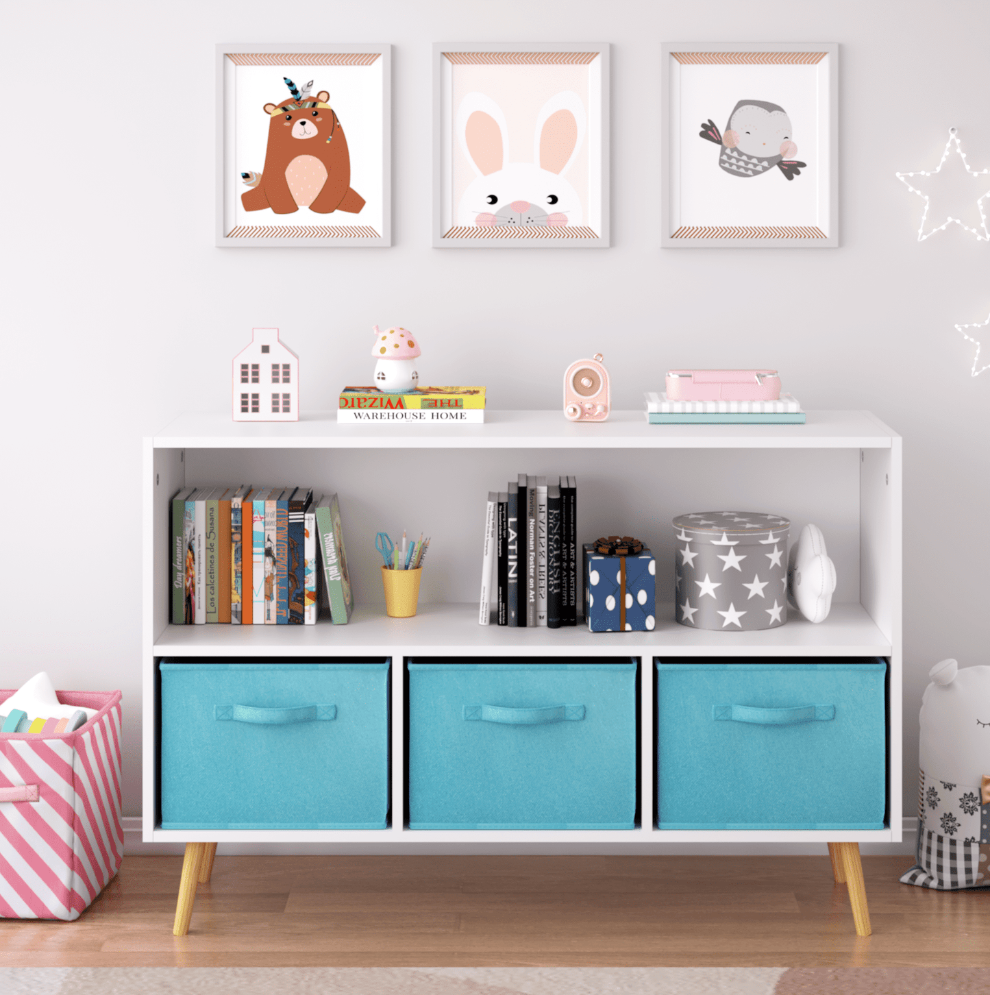 Aukfa Kids Bookcase with 3 Collapsible Drawers, Display Stand Toy Storage Organizer for Bedroom/Playroom,Purple