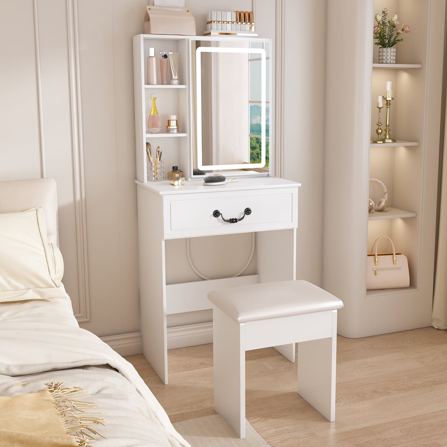 Aukfa Makeup Vanity Set with Mirror & Adjustable LED Lights for Small Bedroom,White