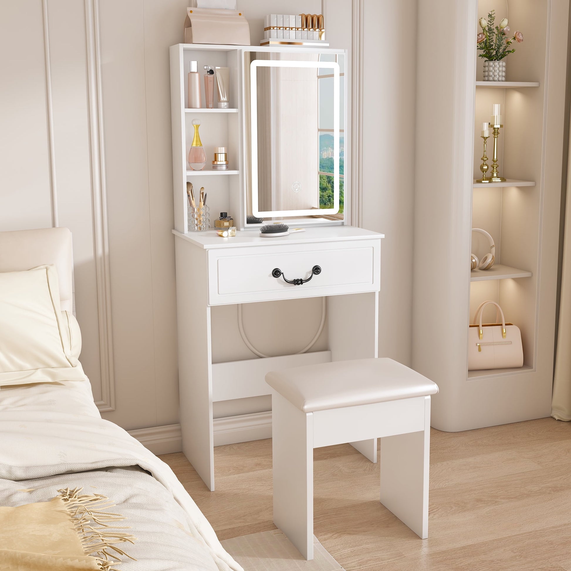 Aukfa Makeup Vanity Set with Mirror & Adjustable LED Lights for Small Bedroom,White
