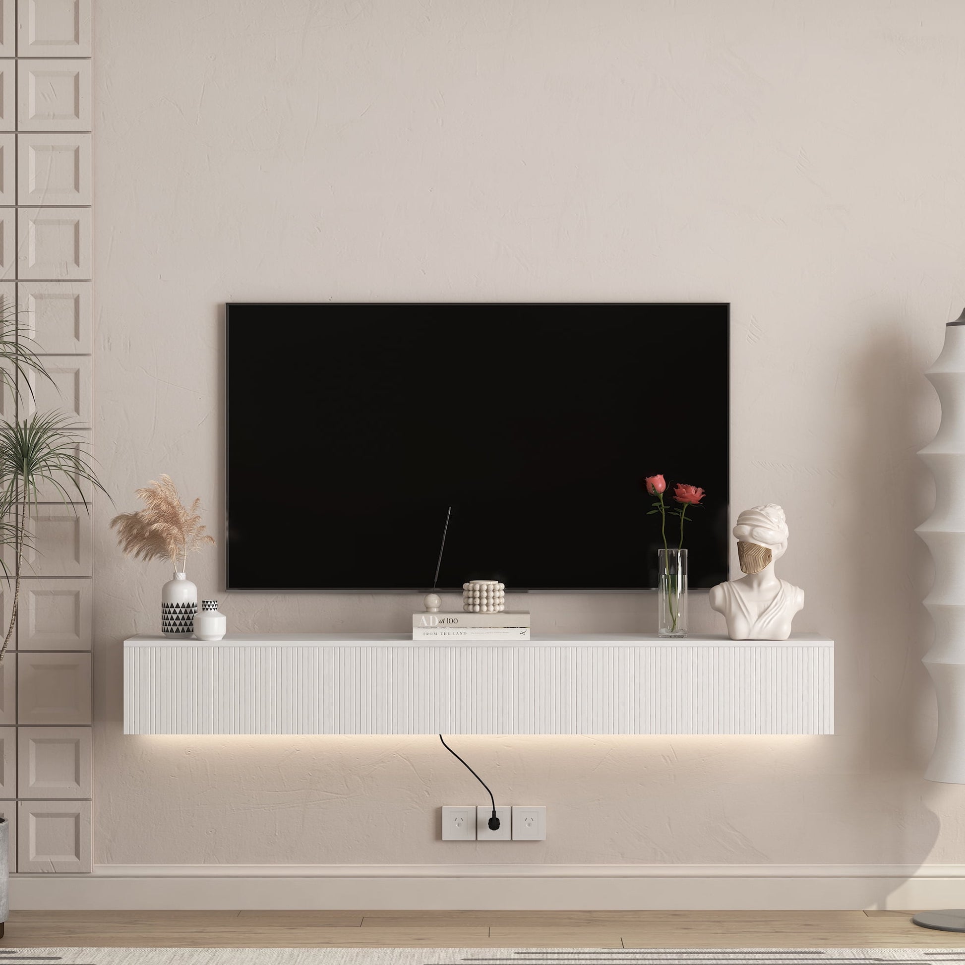 Aukfa Modern Floating TV Stand Wall Mounted for TVs up to 70 with 16 Color LEDs, White