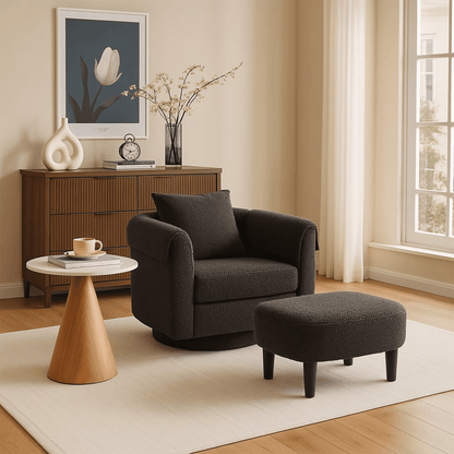 Aukfa Swivel Barrel Accent Chair with Ottoman, Upholstered Armchair Lounge Chair with Pillow & Armrest Covers,Gray
