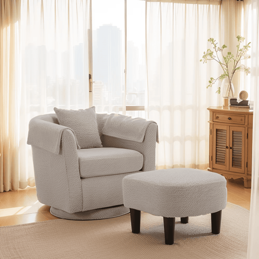 Aukfa Swivel Barrel Accent Chair with Ottoman, Upholstered Armchair Lounge Chair with Pillow & Armrest Covers,Gray