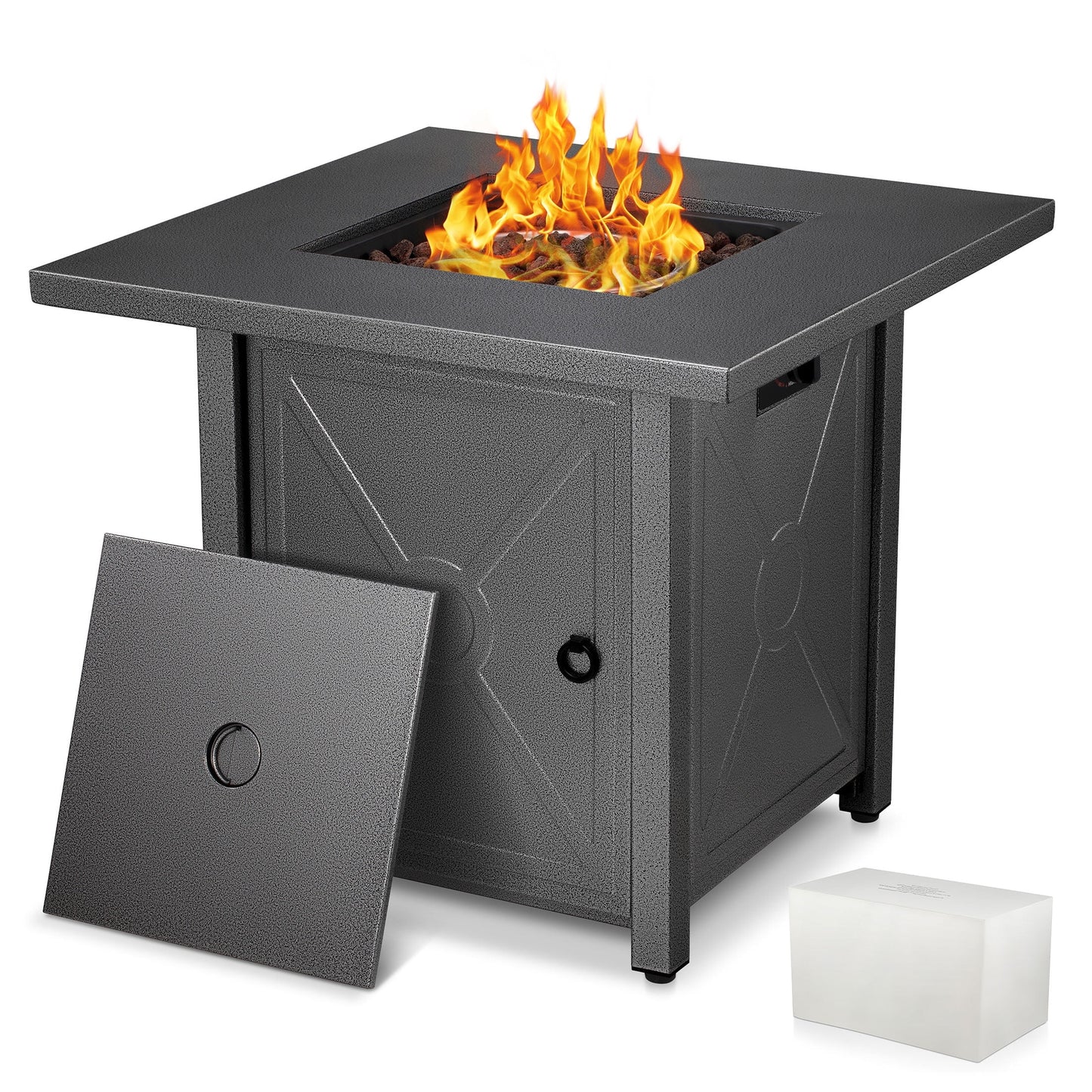 LHRIVER 28" Outdoor Propane Fire Pit Table, 40000 BTU  Steel Gas Fire Pit with Removable Lid, Lava Rocks & Rain Cover
