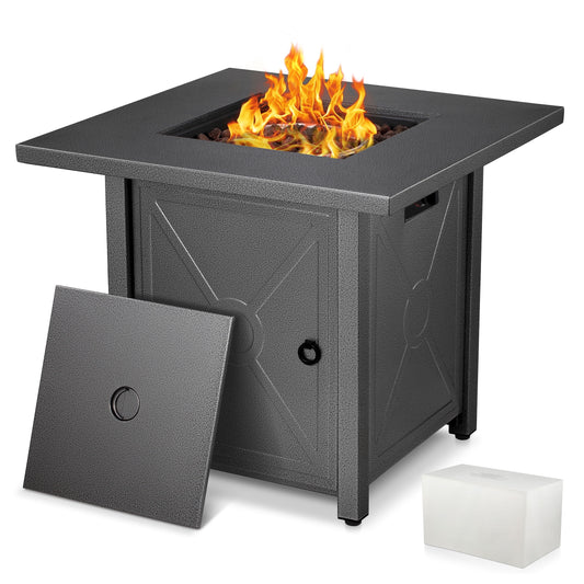 LHRIVER 28" Outdoor Propane Fire Pit Table, 40000 BTU  Steel Gas Fire Pit with Removable Lid, Lava Rocks & Rain Cover