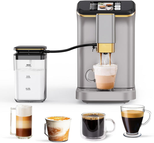 Automatic Espresso Coffee Machine with Milk Frother, 8-In-1 Coffee Maker with TFT Touchscreen