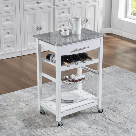 Avobird Kitchen Island Cart, Mobile Kitchen Cart with 22inch Marble Countertop/Underneath Drawer/Slide-Out Wire Storage Basket, White