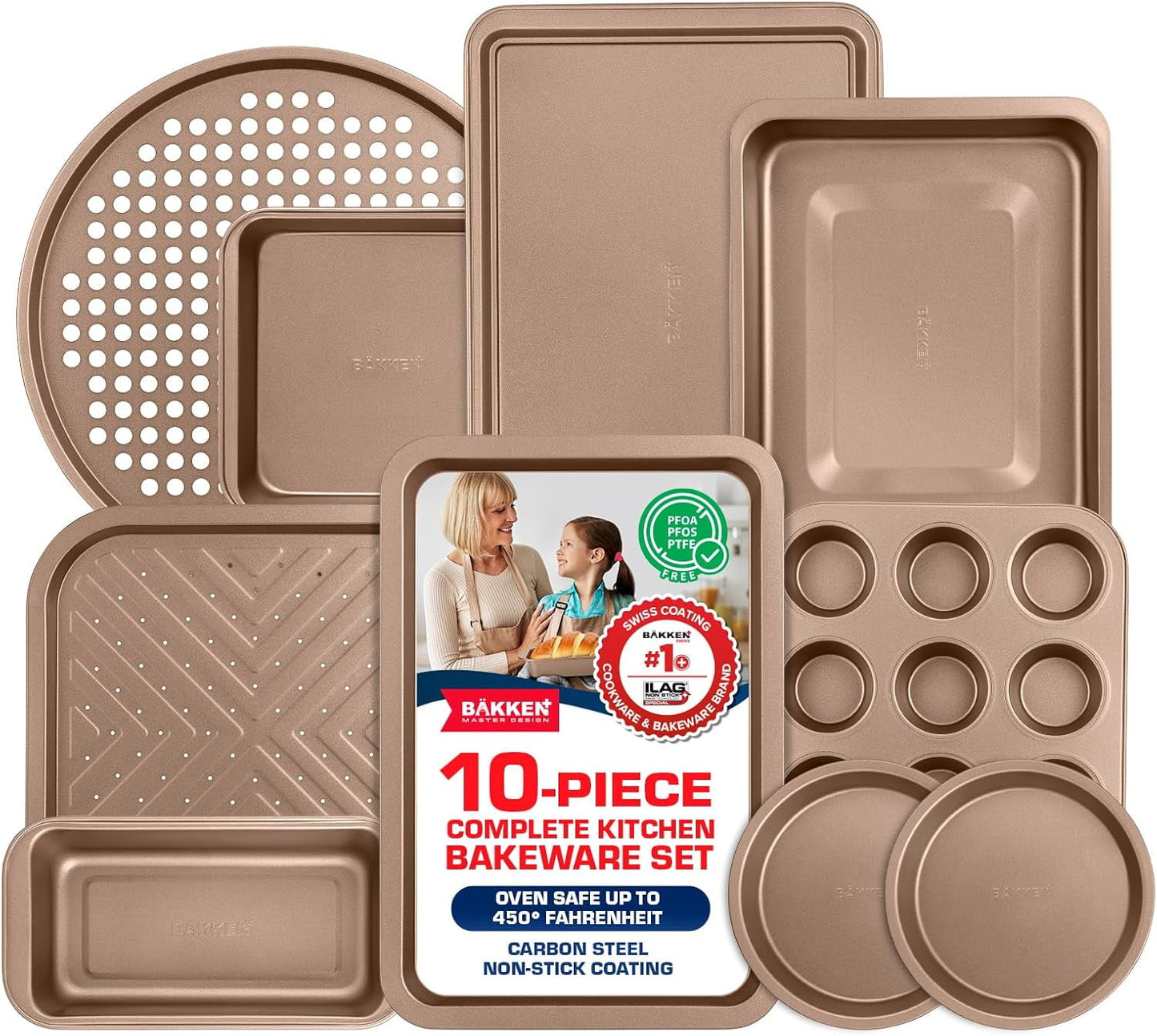 Bakken- Swiss 10-Piece Kitchen Baking Pan Set - Commercial Grade Carbon Steel Bakeware with Nonstick Coating, Stackable and Space-Saving Design, Oven Safe Tray (up to 450Â°F), Brown