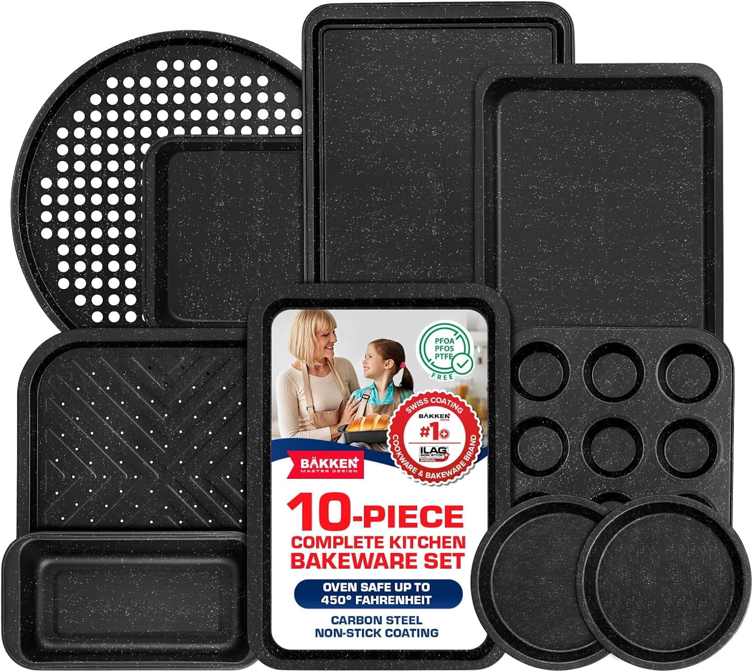 Bakken- Swiss 10-Piece Kitchen Baking Pan Set - Commercial Grade Carbon Steel Bakeware with Nonstick Coating, Stackable and Space-Saving Design, Oven Safe Tray (up to 450Â°F), Gray Marble
