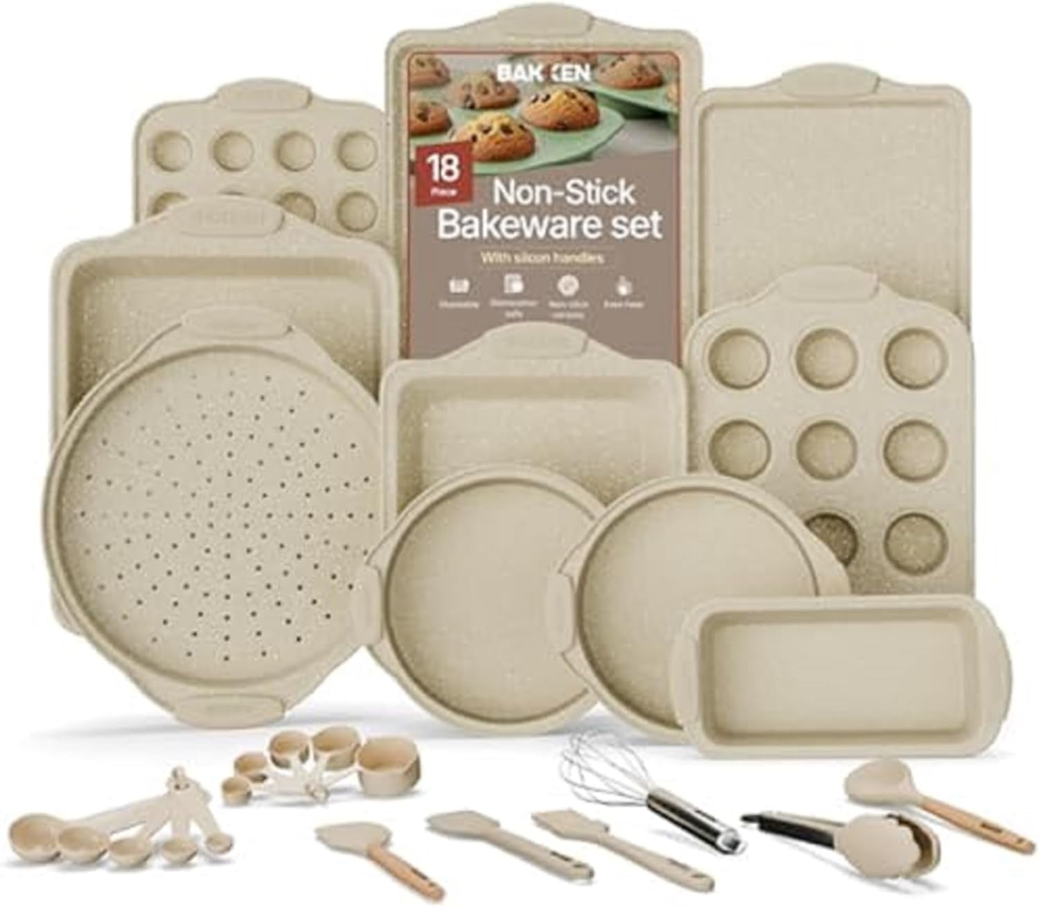 Bakken- Swiss Juego de 18 Piezas de Utensilios para Hornear de Acero Al Carbono Antiadherente de Lujo - Moldes Profesionales para Horno de Cocina con Asas y Accesorios de Silicona Blanca