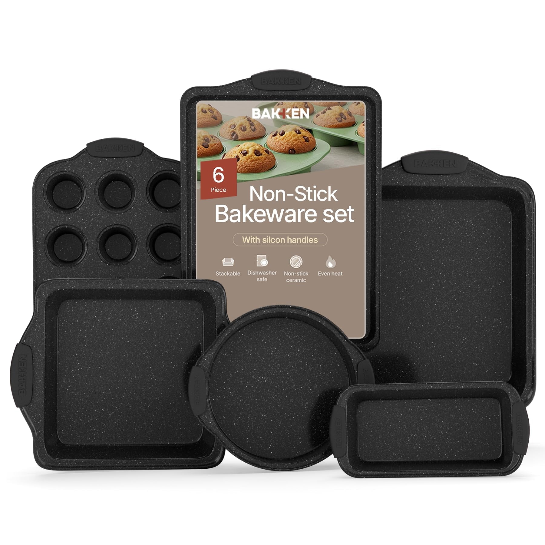 Bakken- Swiss 6-Piece Nonstick Gray Marble Coated Bakeware Set - Professional Quality Carbon Steel Pans with Silicone Handles - Ideal for Oven, Refrigerator, Freezer - Dishwasher Safe