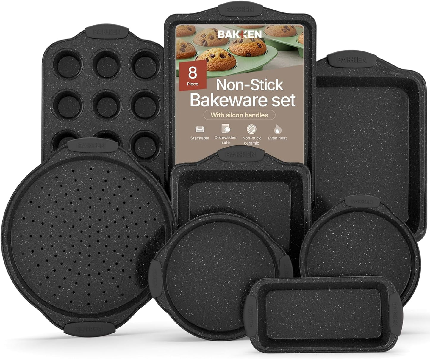 Bakken- Swiss 8-Piece Kitchen Oven Baking Pans Set - Deluxe Nonstick Gray Marble Coating, Professional Grade Carbon Steel Bakeware with Silicone Handles - Oven, Dishwasher, and Freezer Safe