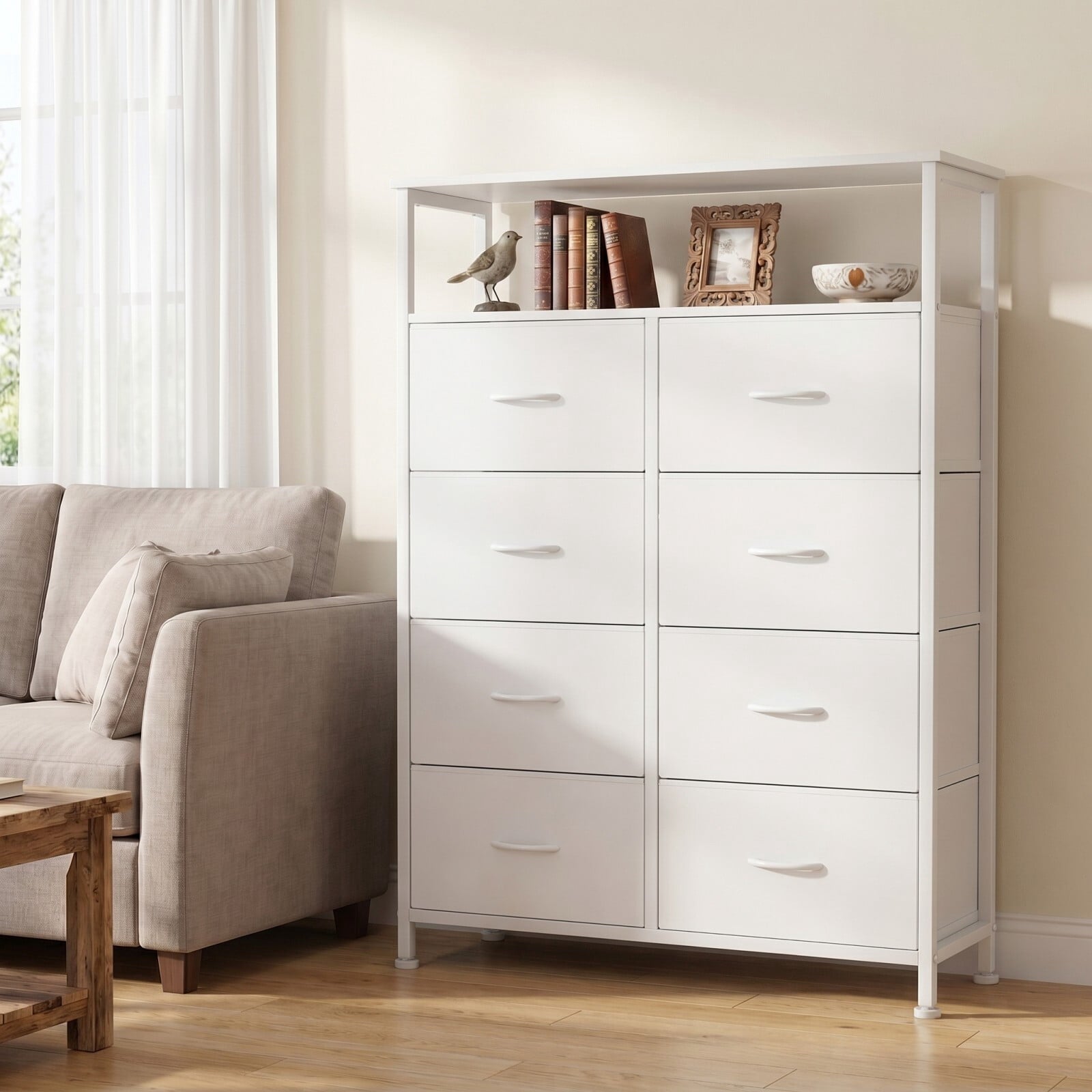 BEAUTYPEAK 8 Drawer Fabric Dresser with Wood Top Open Shelf Storage Chest with Adjustable Feet, White
