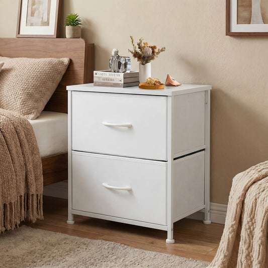 BEAUTYPEAK Nightstand 2-Drawer Fabric Dresser Bedside Table with Wooden Top Adjustable Feet, White