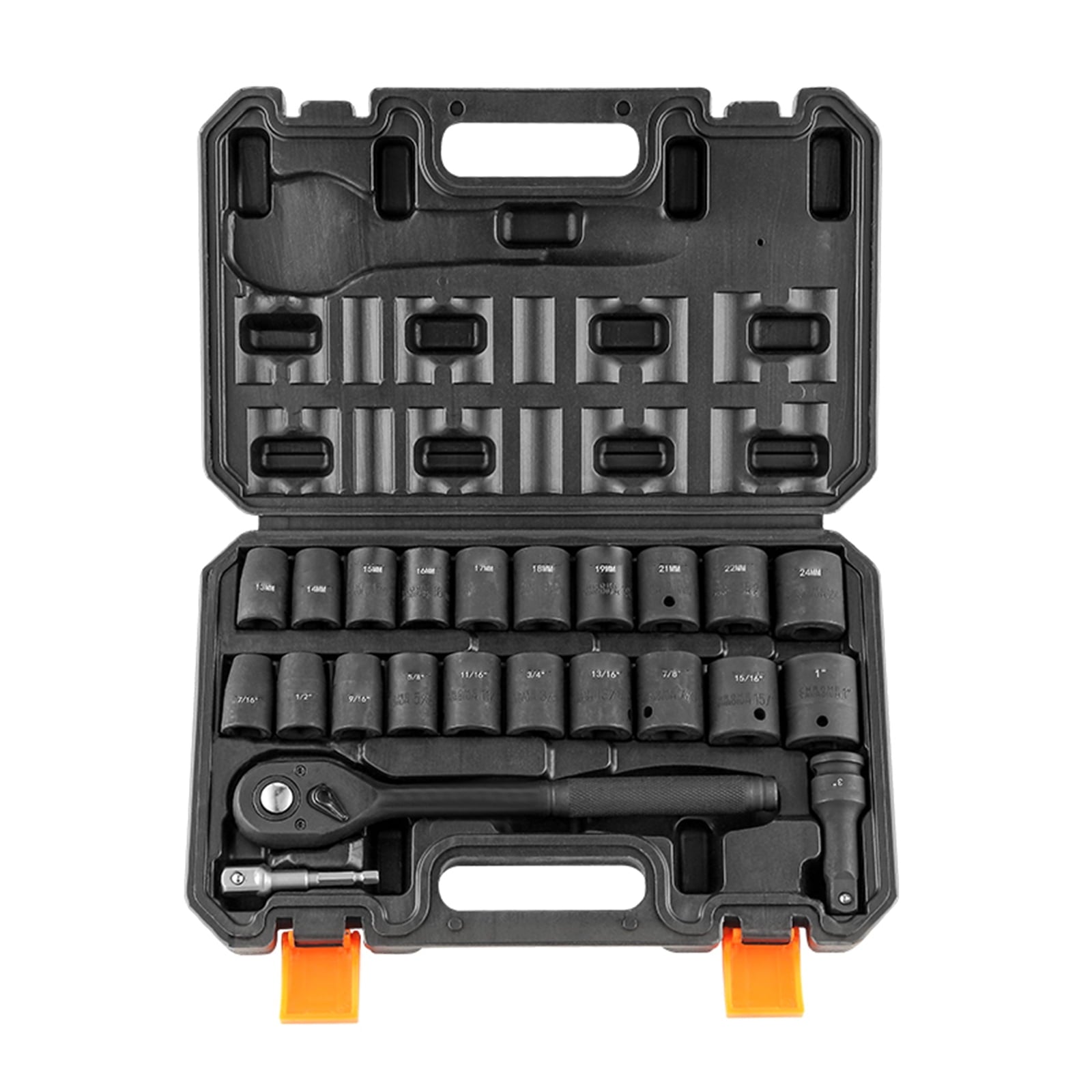 BENTISM 1/2" Drive Impact Socket Set, 23 PCS Standard SAE (7/16" -1") & Metric (13-24 mm) Sizes, Deep & Shallow Kit, 6 Point Cr-V Alloy Steel Includes Adapters & Ratchet Handle & Storage Case