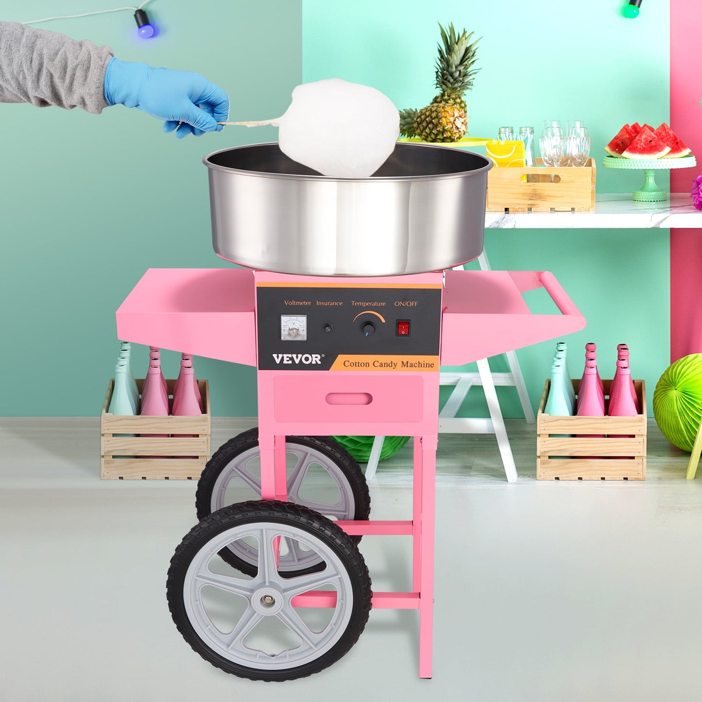 BENTISM Cotton Candy Machine with Cart, 21 Inch 1000W Commercial Floss Maker with Stainless Steel Bowl, Sugar Scoop and Drawer, Perfect for Home, Kids Birthday, Family Party, Pink