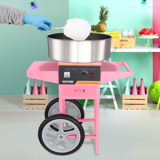 BENTISM Cotton Candy Machine with Cart, 21 Inch 1000W Commercial Floss Maker with Stainless Steel Bowl, Sugar Scoop and Drawer, Perfect for Home, Kids Birthday, Family Party, Pink