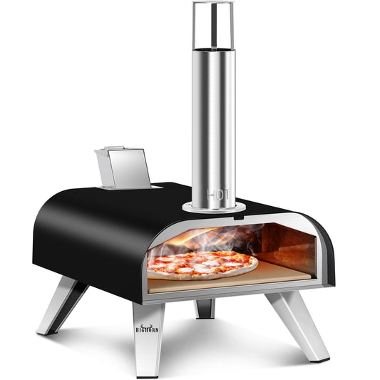 BIG HORN OUTDOORS 12" Wood Pellet Fired Pizza Oven, Black, Stone-Baked Pizzas