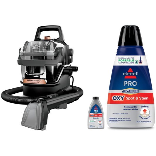 BISSELL Little Green HydroSteam Portable Carpet Cleaner 3532 & BISSELL Advanced Pro Oxy Spot & Stain Formula for Portable Spot Cleaners, 32 oz., 2038W