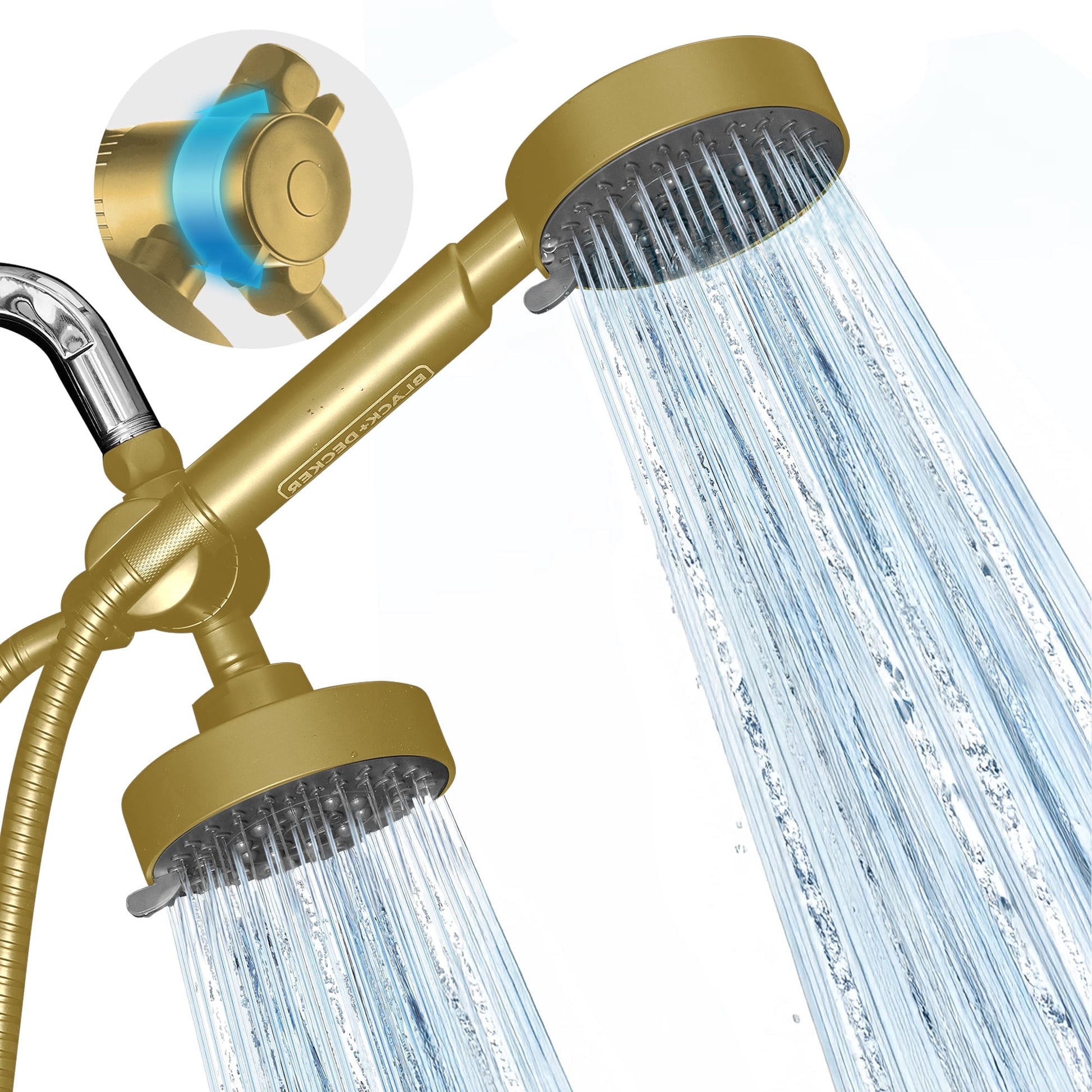 BLACK+DECKER Dual Shower Heads with 5-Spray Setting Shower Head System and Stainless Steel Hose, Gold