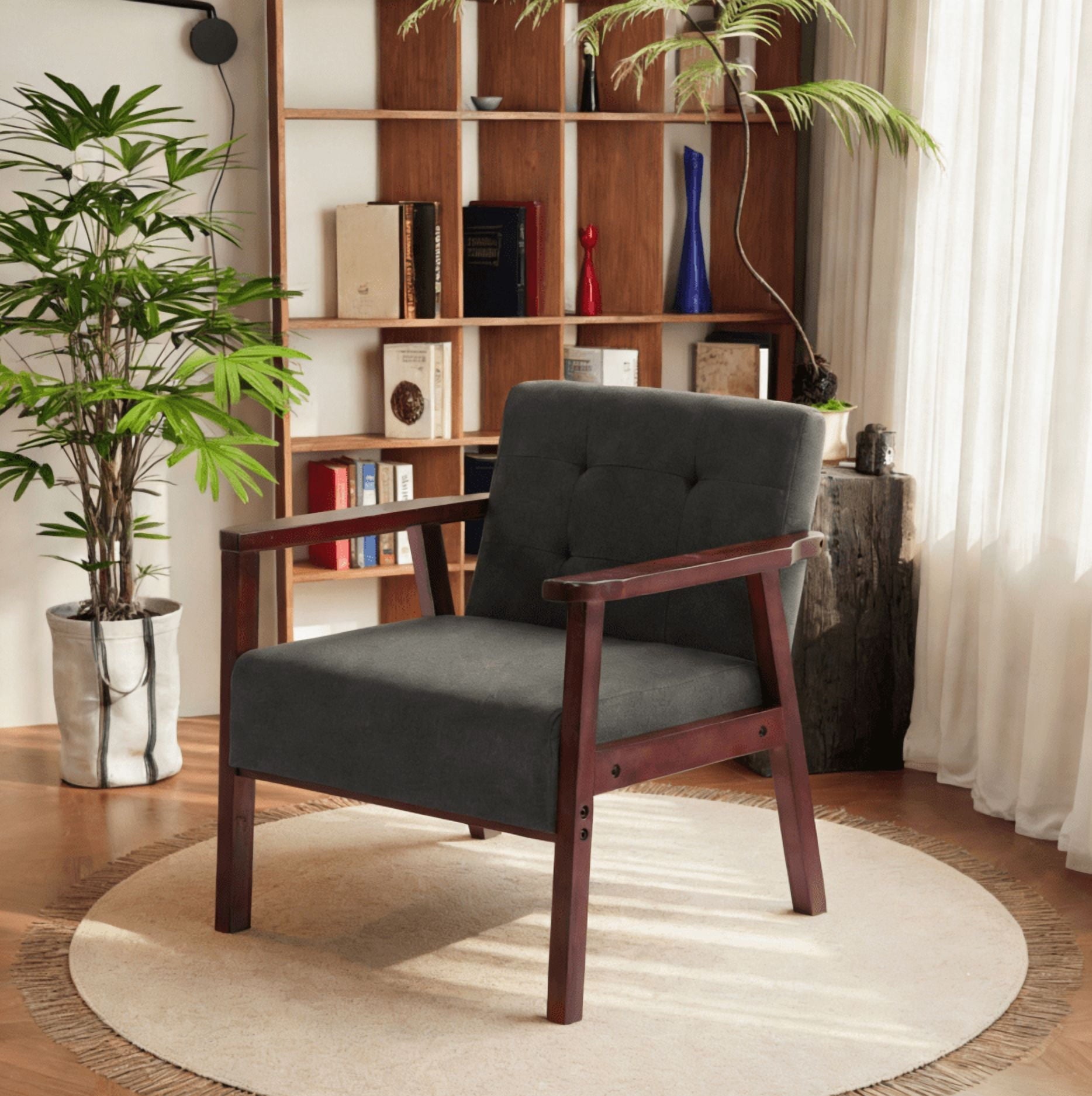BSHTI 25.39" Solid Wood Accent Armchair with Tufted Back, Linen Upholstery, High-Density Foam Cushion, Non-Slip Legs, Easy Assembly for Living Room, Bedroom(Dark Grey)