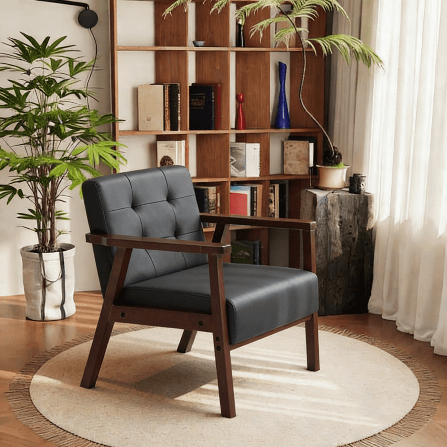 BSHTI 25.39" Solid Wood Accent Armchair with Tufted Back, PU Upholstery, High-Density Foam Cushion, Non-Slip Legs, Easy Assembly for Living Room, Bedroom(Black)