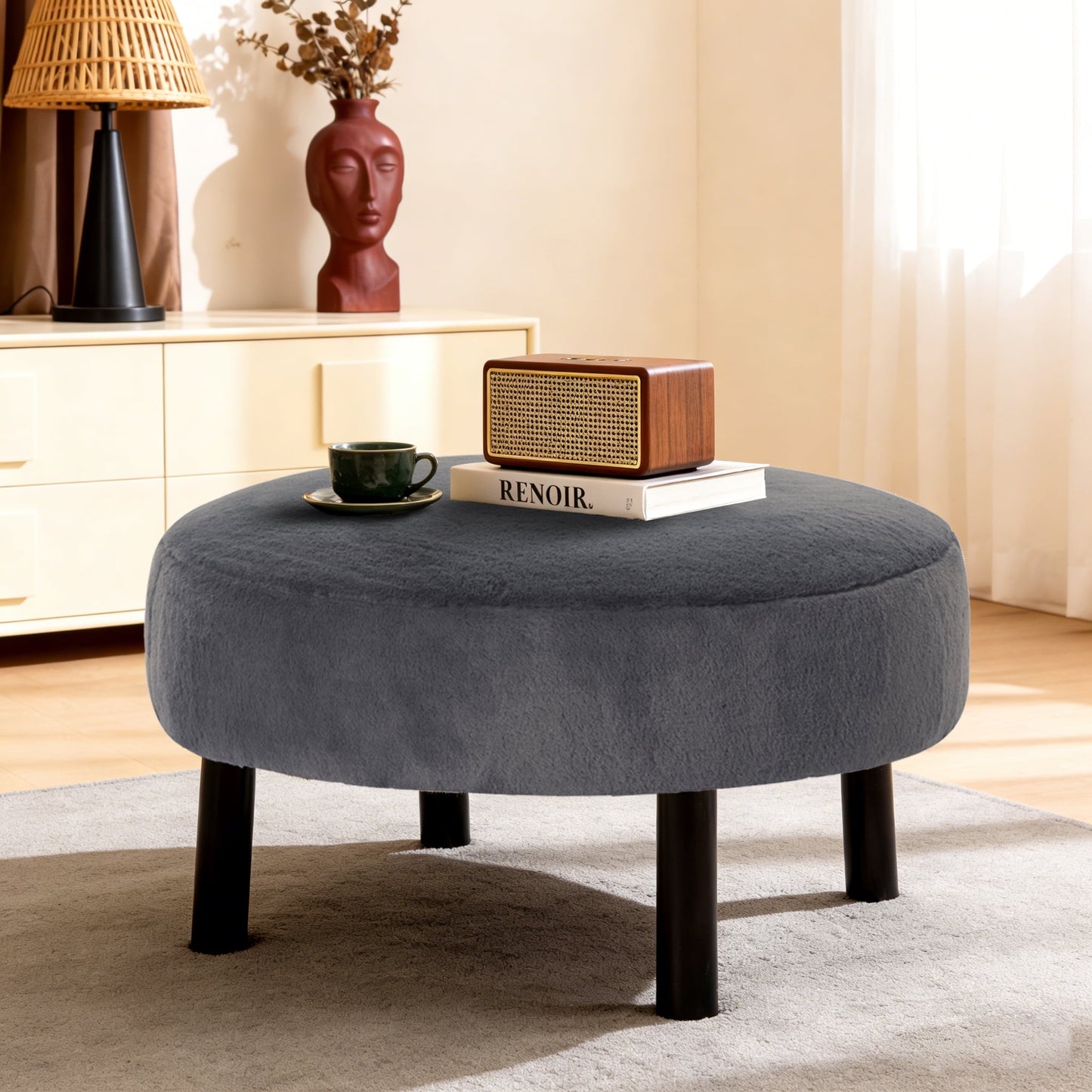 BSHTI 27.56 Inch Plush Round Ottoman with Faux Rabbit Fur, Sturdy Solid Wood Legs for Living Room, Accent Seat & Footrest(Cow Print)