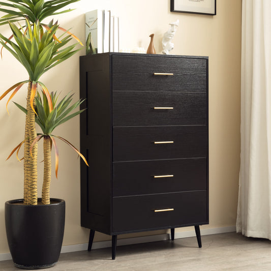 BSHTI 5-Drawer Chest, with 1 Spacious Top, Manufactured Wood with Ash Wood Grain Pattern, Gold Color Metal Handle, Tapered Metal Legs, Black