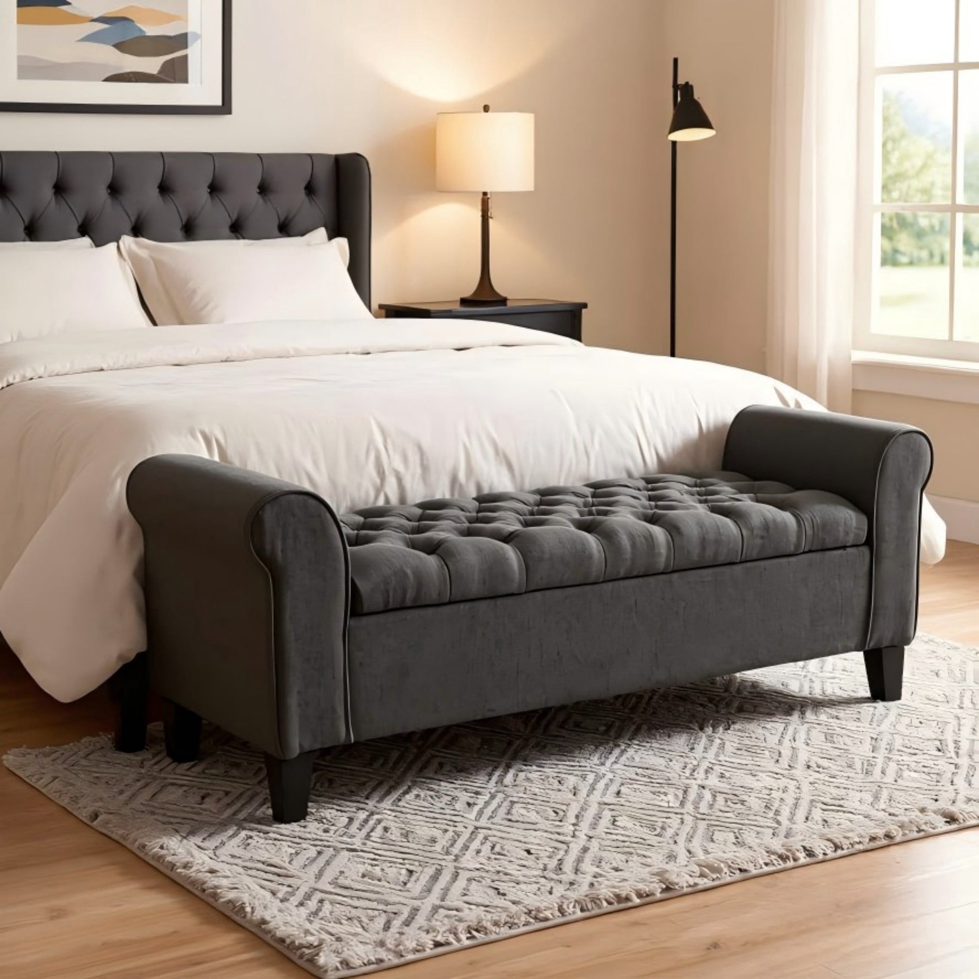 BSHTI 50" Flip Top Storage Bench with Tufted Cushion & Rolled Armrests â€“ Solid Wood Frame, Hidden Storage Compartment, Tapered Legs â€“ For Entryway, Bedroom, Living Room,Dark Grey