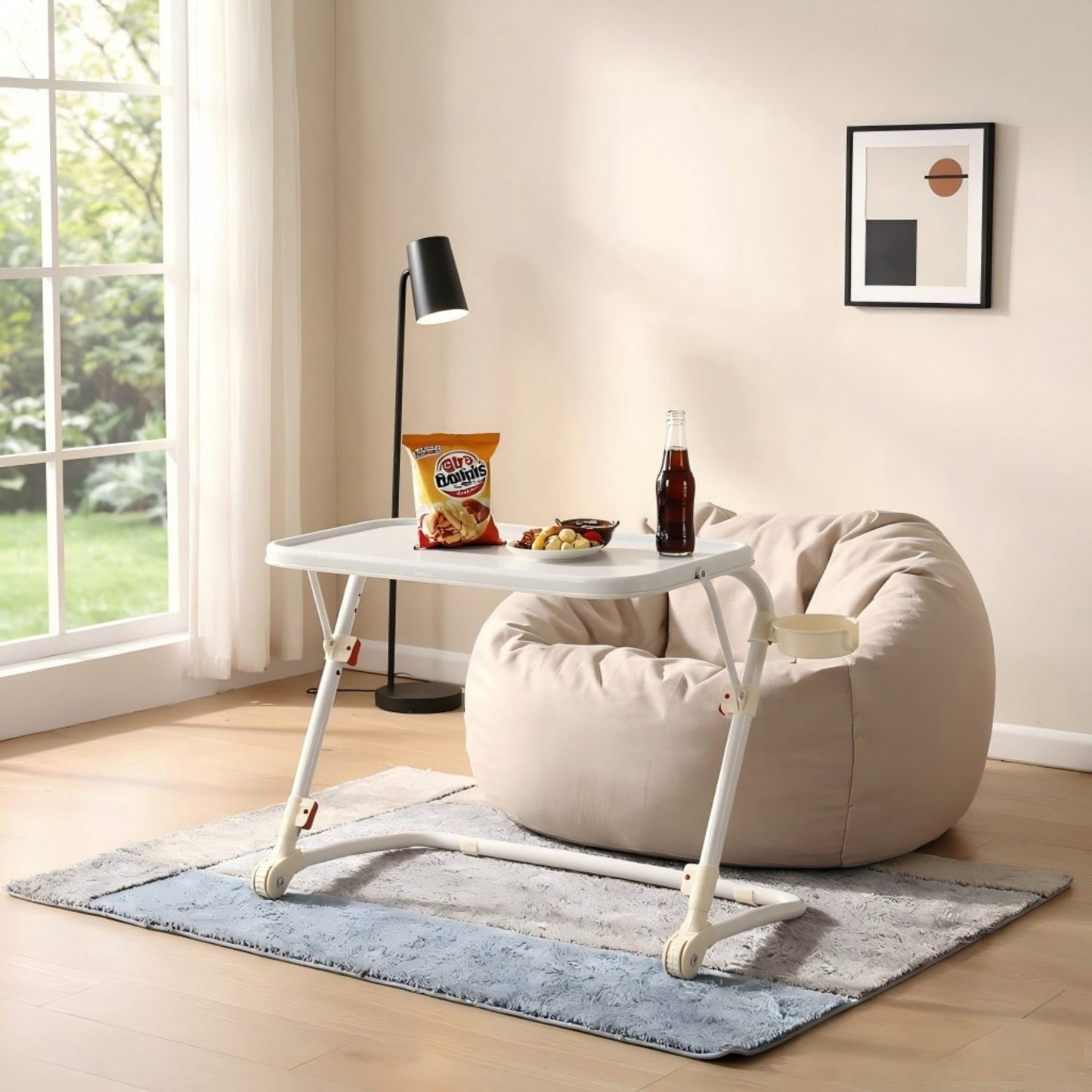 BSHTI Folding Table Tray with 4 Height & 3 Tilt Angle Settings â€“ TV Tray Table with Cup Holder, Portable Laptop Desk for Eating on Couch or Bed, Space-Saving, White