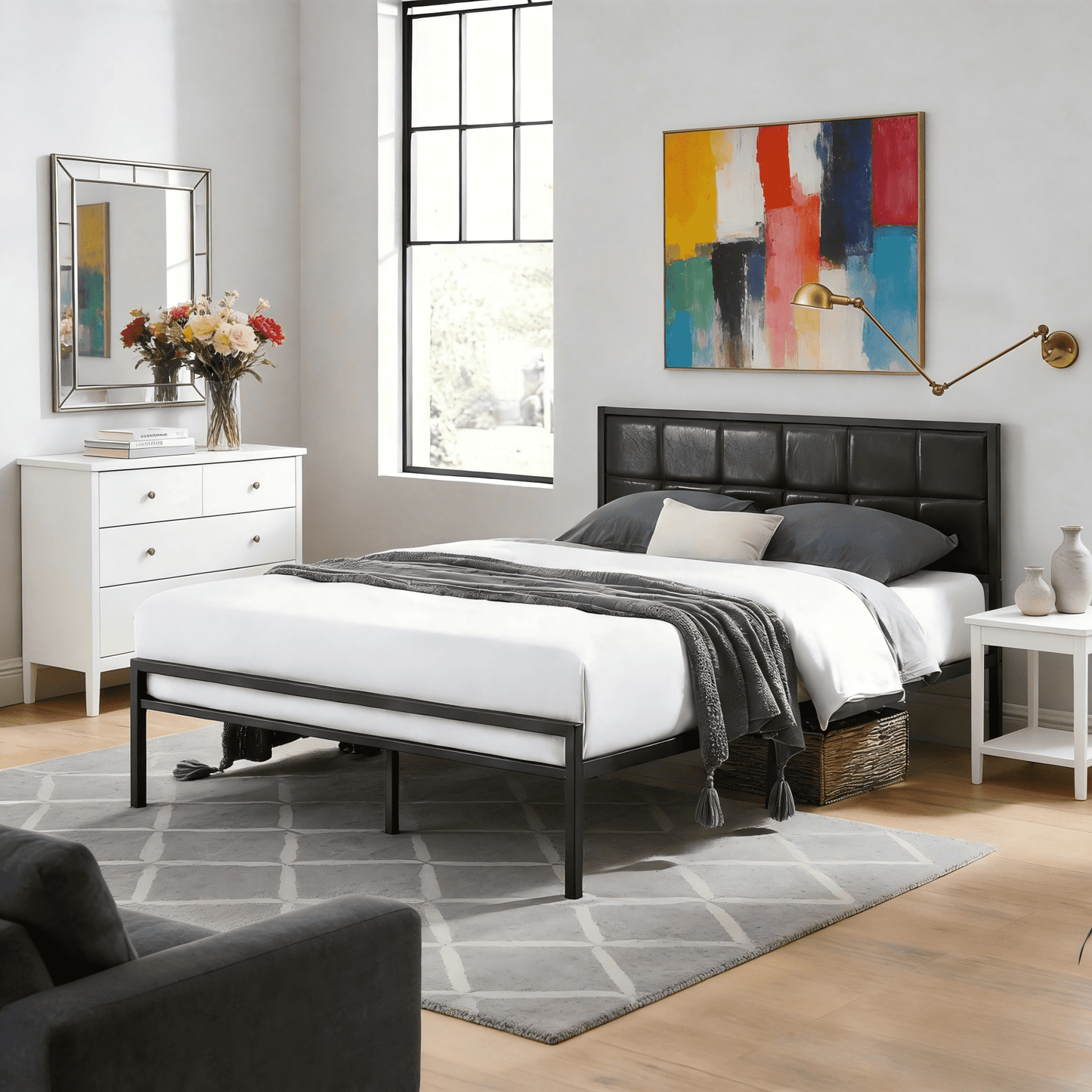 BSHTI Cama Moderna de TamaÃ±o Full de Plataforma de Metal con Cabecera Tapizada y Soporte de Listones de Madera para Sala de Estar, No Se Necesita Box Spring