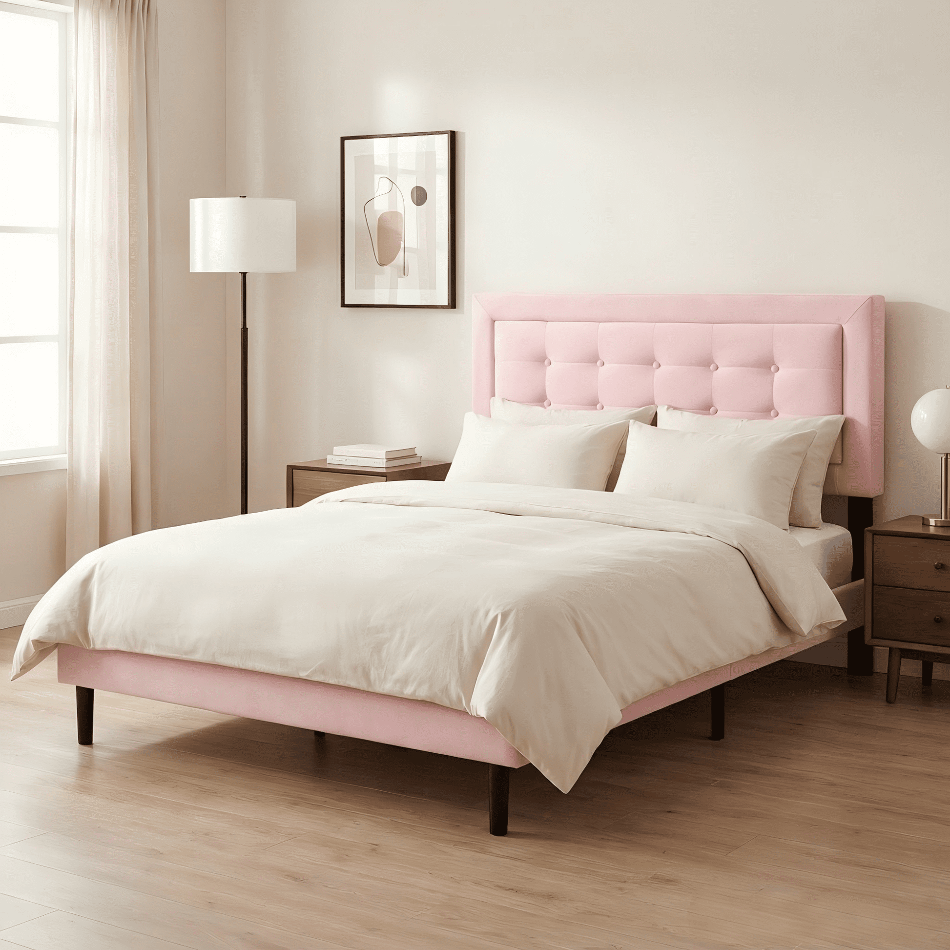 BSHTI Queen Size Platform Bed Frame with Square Tufted Upholstered Headboard â€“ Solid Wood Frame, 10 Wood Slats, Center Support Leg, Under-Bed Clearance, No Box Spring Needed, Pink