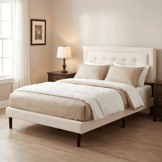 BSHTI Full Size Platform Bed Frame with Square Tufted Upholstered Headboard â€“ Solid Wood Frame, 10 Wood Slats, Center Support Leg, Under-Bed Clearance, No Box Spring Needed, Beige